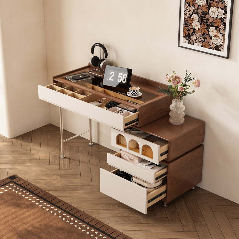 Coiffeuse de style milieu du siècle avec plateau en verre, armoire latérale à 3 tiroirs ajustables, finition noyer et crème, 100 cm