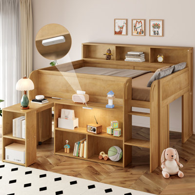 Lit mezzanine pleine grandeur pour enfant avec tablettes de rangement, bureau et éclairage DEL, noyer peu encombrant