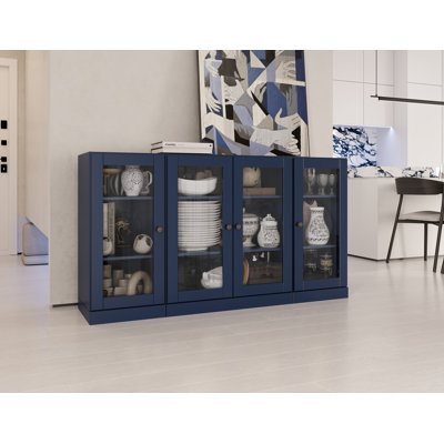 Buffet 100% bois massif 65 po avec portes en verre transparent et tablettes réglables