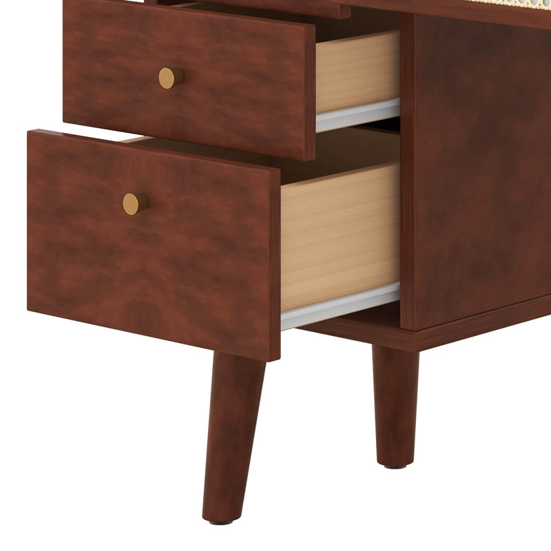 Ensemble de base de lit en bois, 1 table de chevet rétro et 1 ensemble de coiffeuse avec tabouret, Noyer, Complète