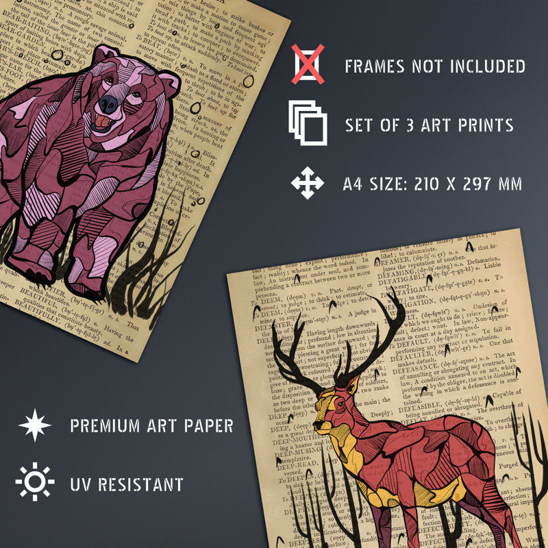 Malakhi Upcycle Dictionary Page Animals Fox Bear Stag Deer - 3 Piece No Frame Print, 29.7" H x 21" W x 0.4" D