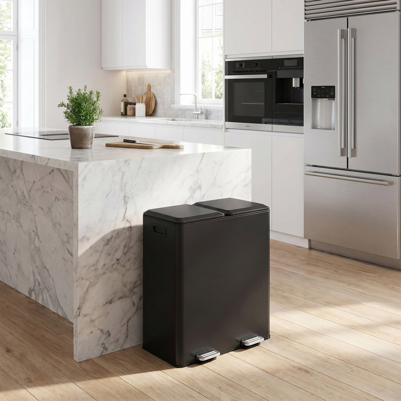 2×30L Dual‑Compartment Steel Pedal Kitchen Bin, Soft‑Close Lid, Removable Inner Buckets, Ink Black, Black