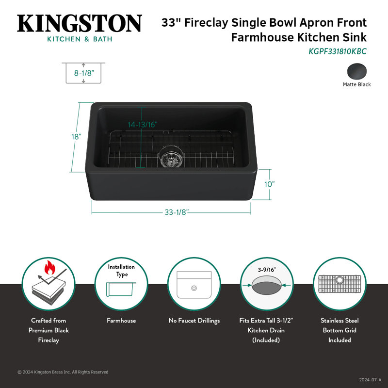 Kingston Brass Kaolin 33-Inch Fireclay Farmhouse Kitchen Sink, Matte Black