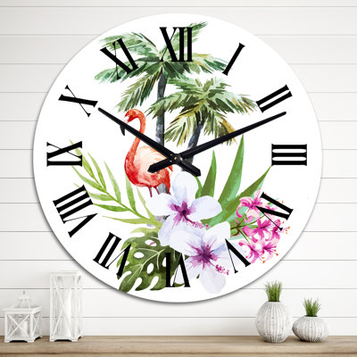 Flamant rose avec palmiers et fleurs II - Horloge murale traditionnelle