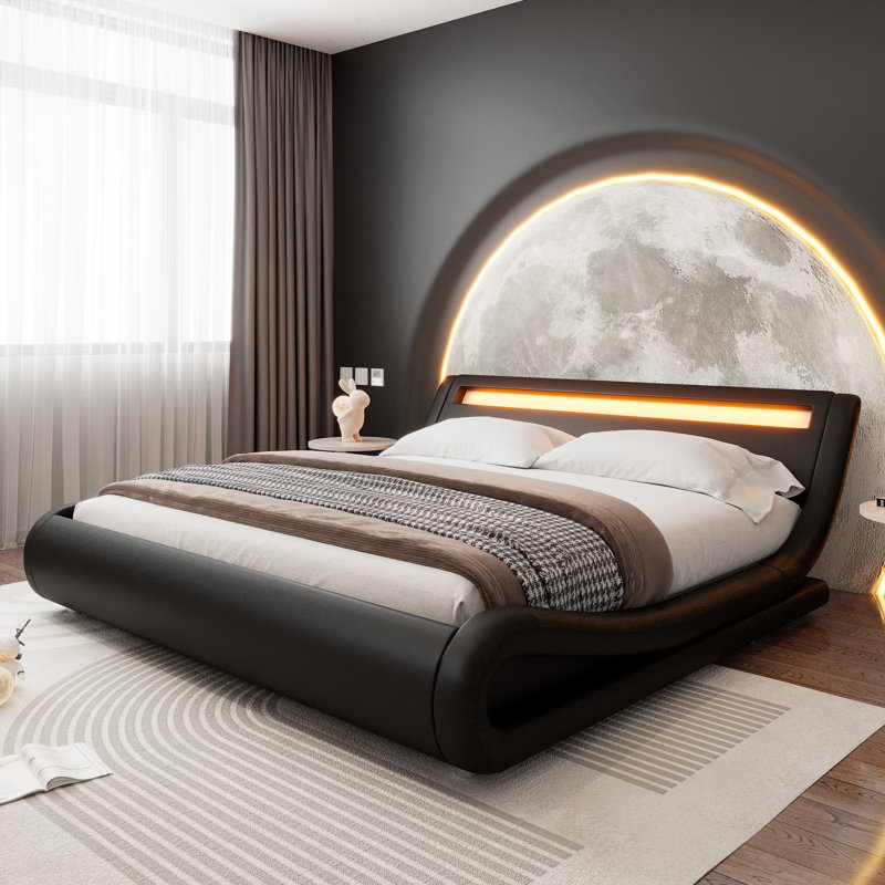 LED Platform Bed Frame With Adjustable Headboard, King, Black