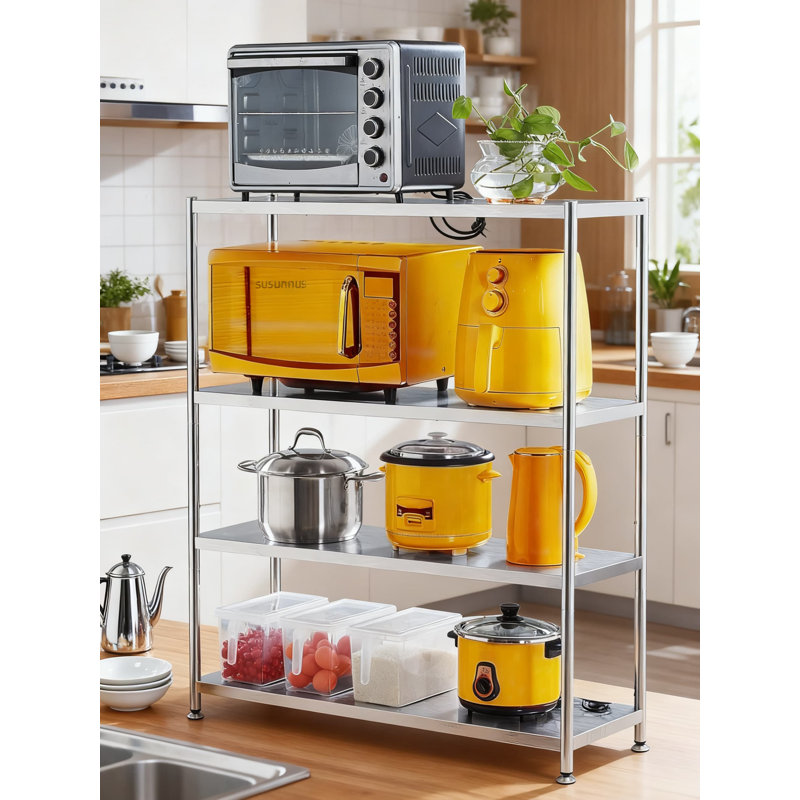 Étagère de cuisine à 4 niveaux en acier inoxydable avec texture ondulée artistique, capacité robuste de 529 lb, hauteur réglable et conception imperméable