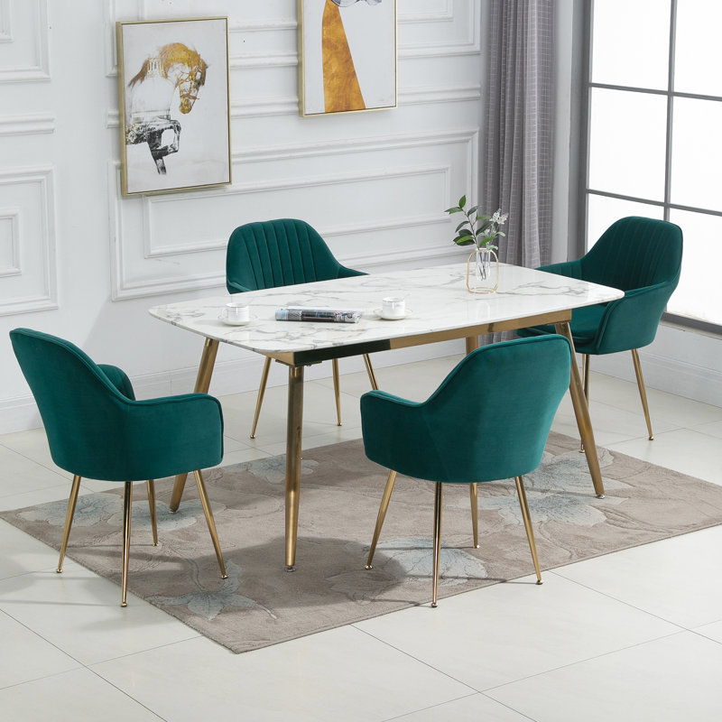 Green Velvet Upholstered Arm Chair with Gold Metal Legs, Set of 4