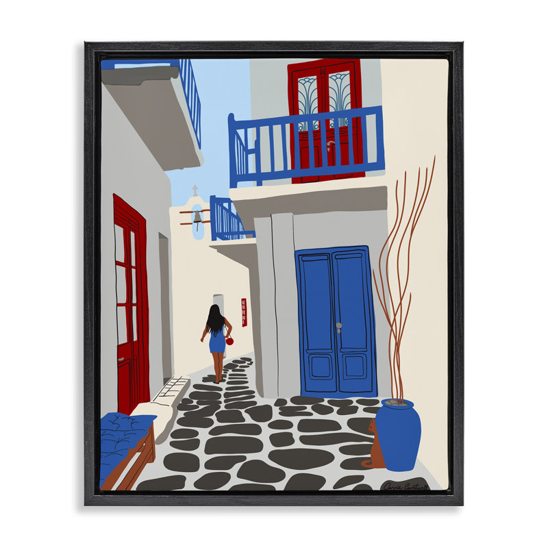 «Mykonos City Alley» par Carrie Cantwell, Cadre flottant noir de jais, H 31 po x l 25 po