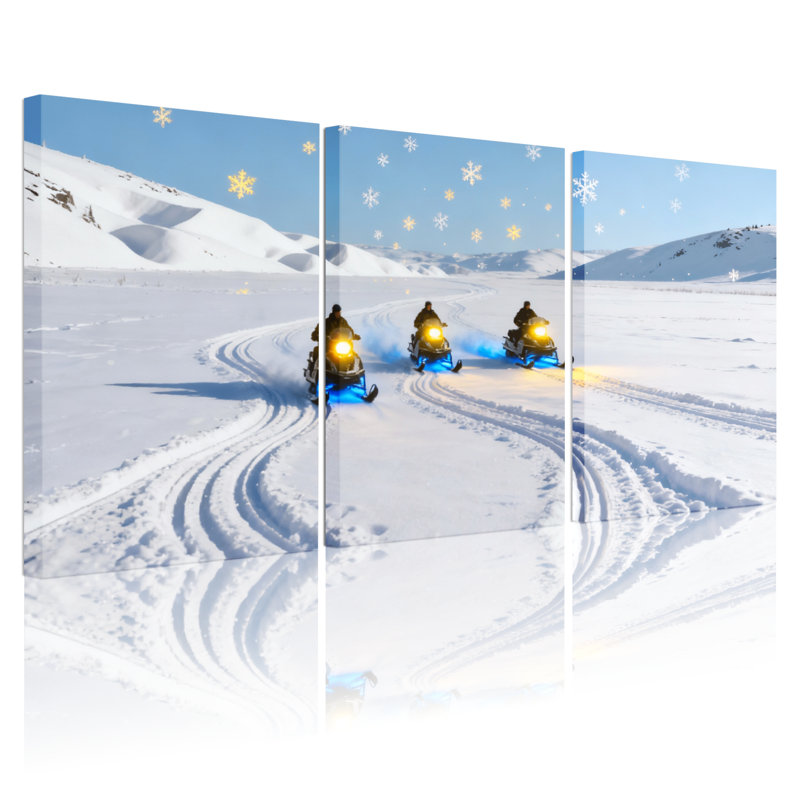 Ensemble de 3 impressions sur toile de Noël en motoneige sur un terrain enneigé avec flocons de neige, H 30 po x l 60 po