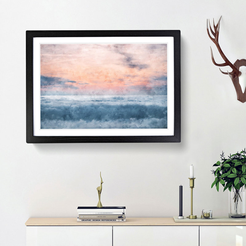 Sea and Clouds in Blue and Pink - Framed Print, 62cm H x 87cm W x 2cm D, Black Framed