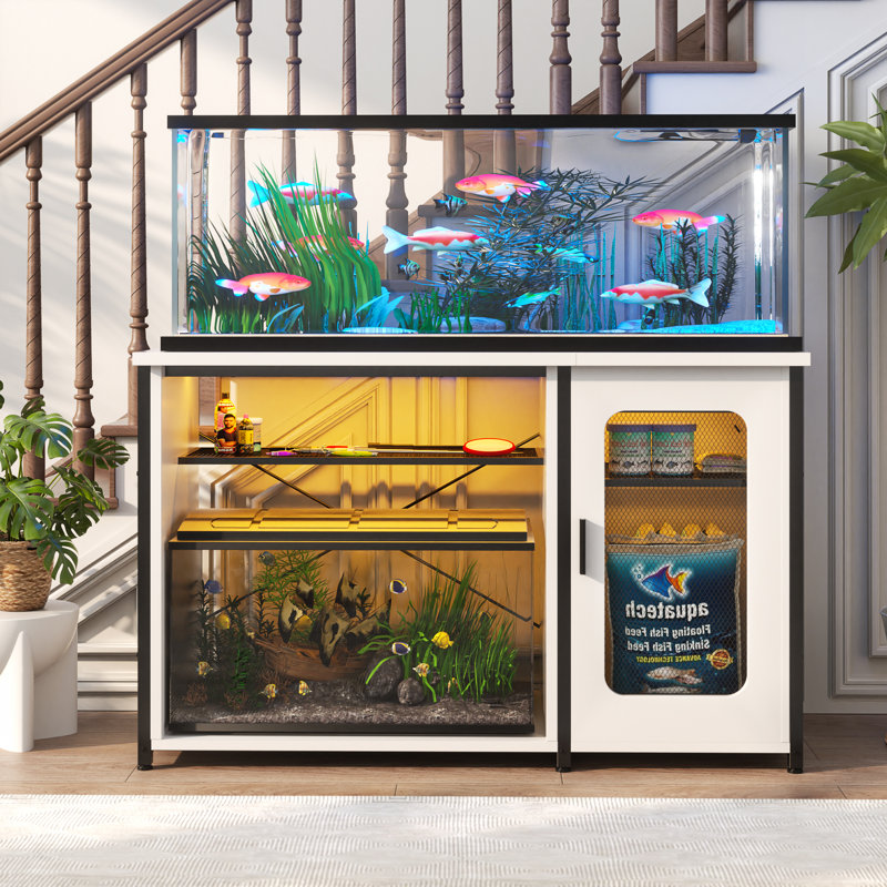 Support d'aquarium rectangulaire et support pour reptile avec prises de courant et lumière DEL, Blanc