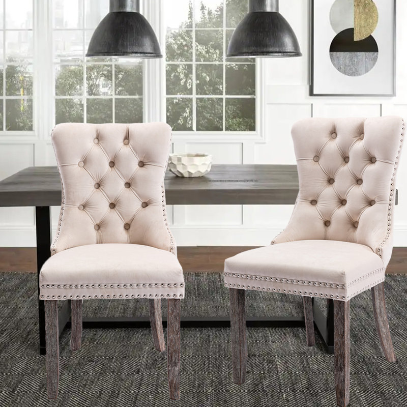 Tufted Velvet Wing Back Side Dining Chairs, Beige, Brown
