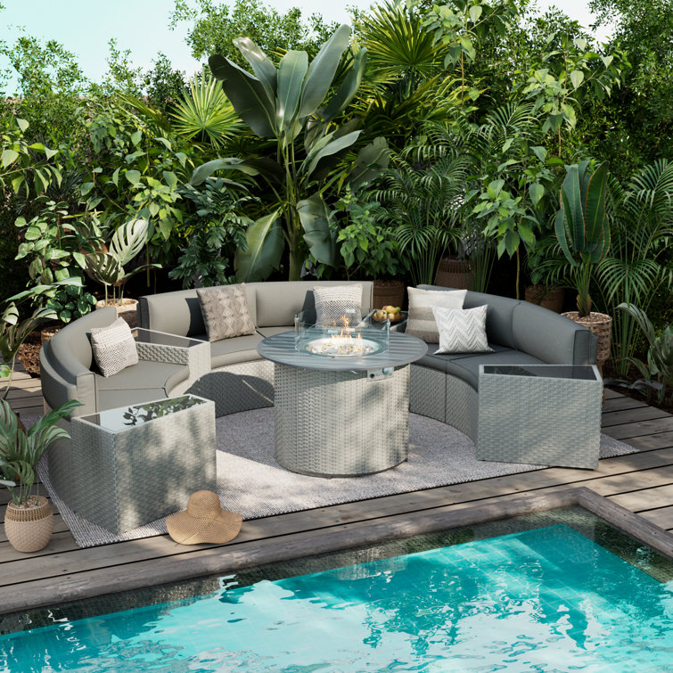 Meredithe Half-Moon 6 - Person Fully Assembled Curved Patio Conversation Set With Fire Pit Table & Side Table