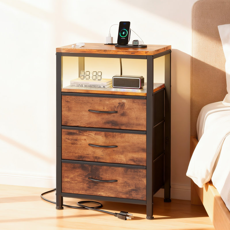 3-Drawer  Nightstand with Storage and Built-In Outlets, Brown, Individual