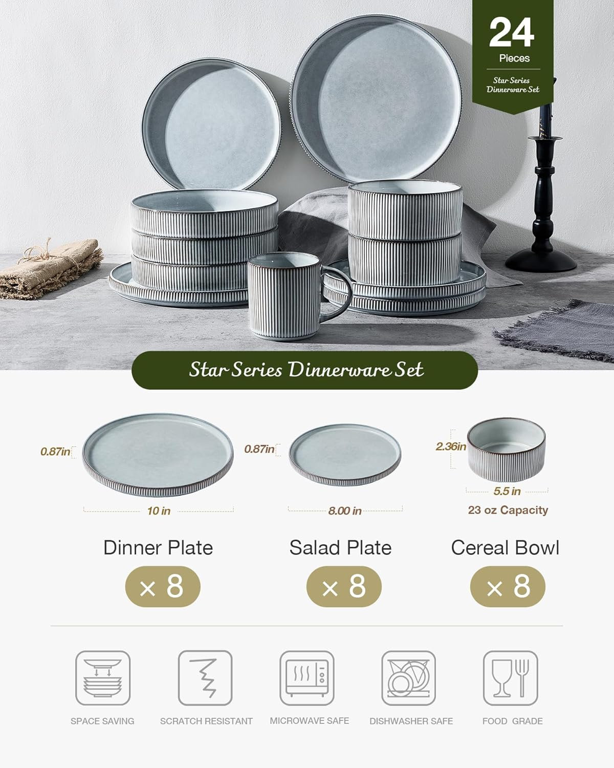 Famiware 24 Piece Dinnerware Set, Service for 8, Smoky Blue