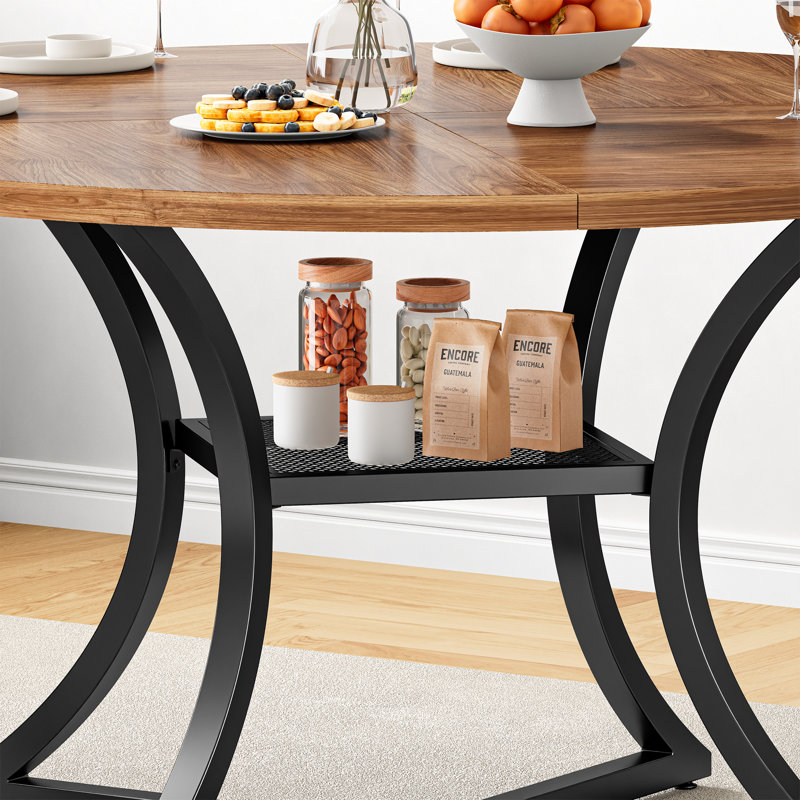 Aycide 47.2" Round Dining Table With Storage Shelf, Wooden Tabletop And Metal Base , Cherry