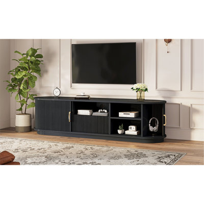 Meuble télé vintage rétro avec portes coulissantes en bois à lattes pour téléviseurs de 75 po ou moins, meuble télé avec tiroir Cannelé, console média grain de bois avec gestion des câbles pour le salon, la chambre à coucher, noir