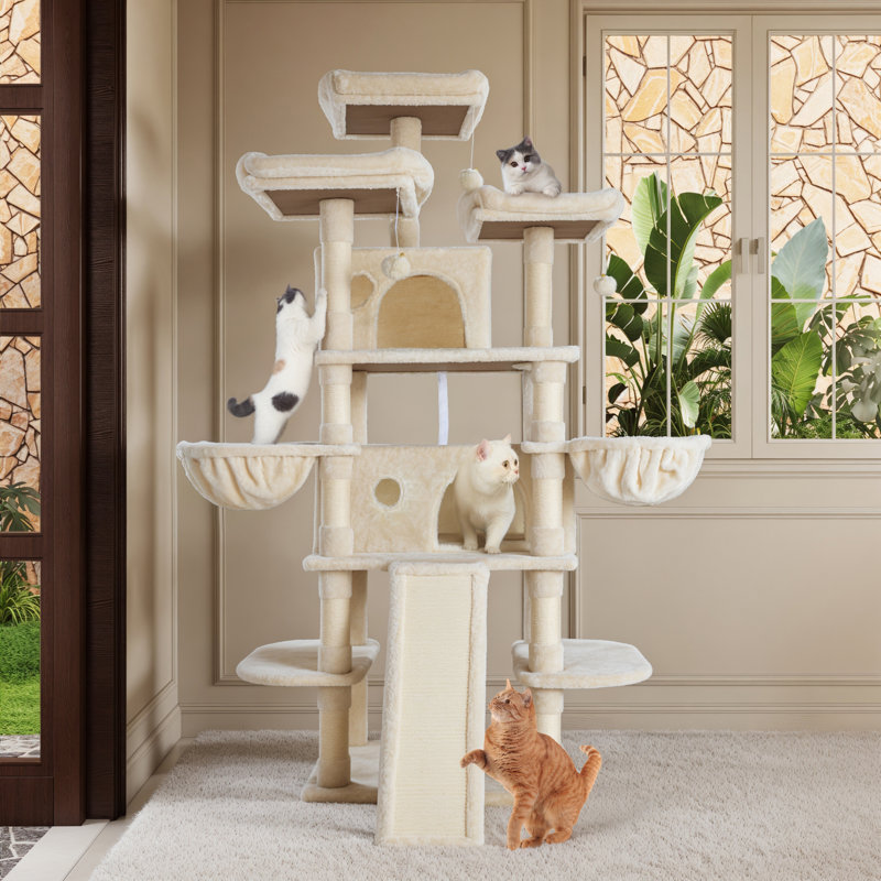  Arbre à chat à niveaux multiples avec plateformes et condos Ardle H 67 po, Crème, crème