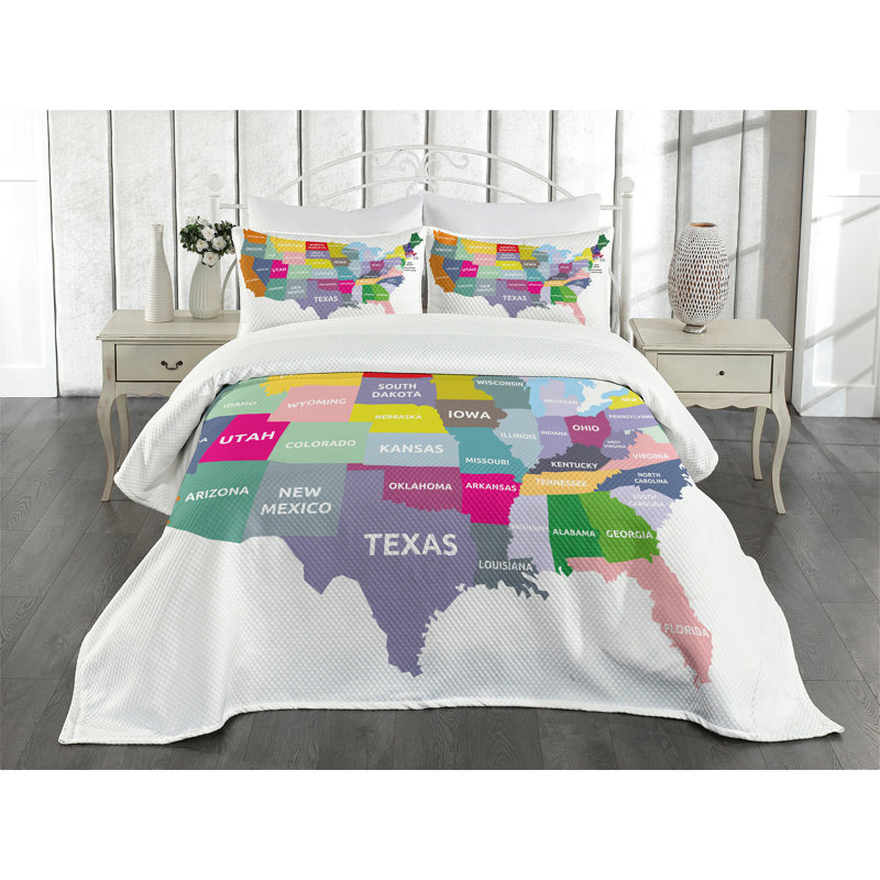 Ambesonne Map Bedspread Set USA Map Colorful States Multicolor
