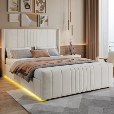 Velvet Ottoman Storage Bed 135x190cm with LED Lighting, Hydraulic Lift Double Bed Frame