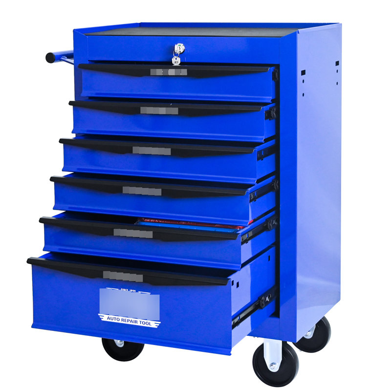 Rolling 6 Steel Tool Storage Box, 20" Black & Blue, Bearing Slides, 4 Universal Wheels, Lockable With Key Blue Chest Wheels  2 Brake , Lockable, Pull Handle For Movement