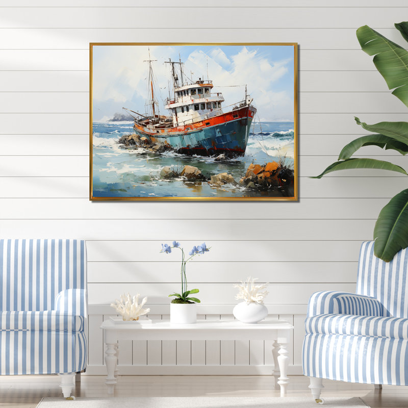 Nautique, bateau, pêche, aventure - Bateau côtier, art mural, Cadre flottant doré, H 24 po x l 32 po x P 1 po