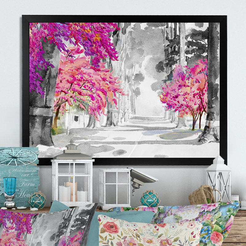 «Pink Cherry Blossom Tree Forest», reproduction sur toile flottante, Cadre noir, H 8 po x l 12 po x P 1 po