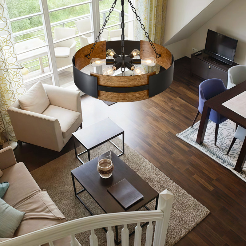 Farmhouse Chandelier for Dining Room, 6-Light 27.35” Rustic Drum Chandeliers Black and Brown Metal Wood Grain Round Pendant  Lighting for Kitchen Island Foyer Entryway Living Room