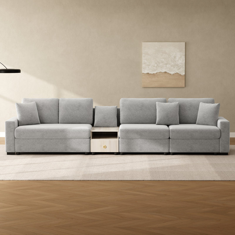  Canapé modulaire moderne avec accoudoirs de rangement et console centrale, 133 po, gris, Gris