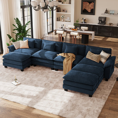 154" W U-Shaped Modular Sectional Sofa, Cloud Couch With Three Ottomans & Removable Cushions