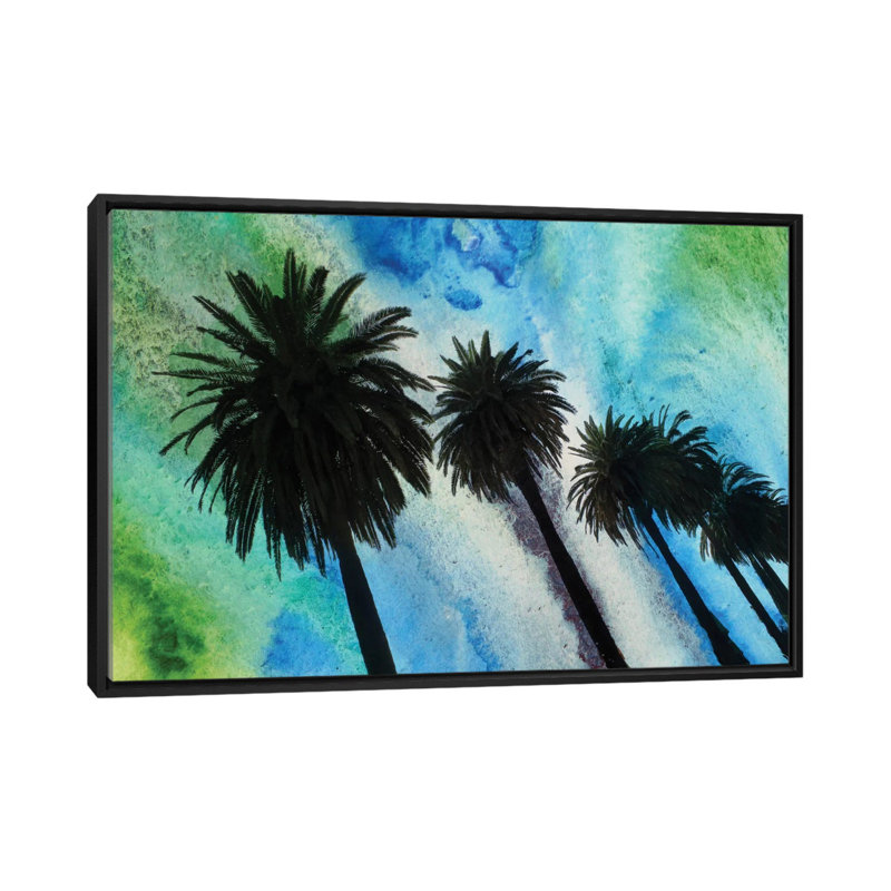 «Santa Monica Palms» par Irena Orlov - reproduction, H 18 po x l 26 po x P 1,5 po, Toile avec cadre noir, Pas de tapis