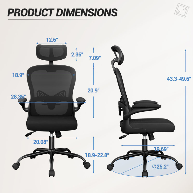 Ergonomic High-Back Mesh Office Chair with Adjustable Lumbar Support, Flip-Up Armrests, Headrest and Swivel Recline for Home & Office Task Seating