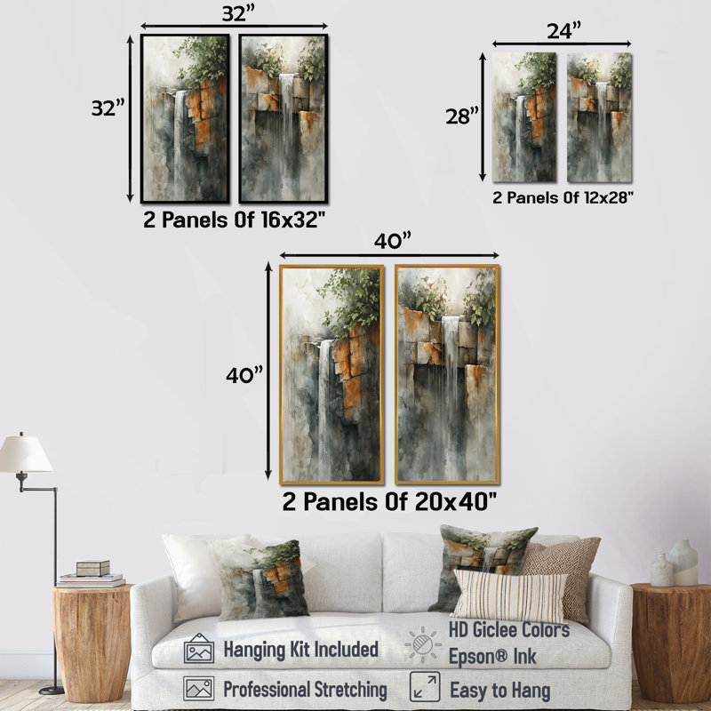 Chute d'eau Oasis I - Ensemble de 2 pièces d'art mural en cascade, H 28 po x l 24 po, Toile tendue sur cadre