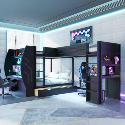 L-Shaped Full & Twin Gaming Bunk Bed with Built-in Desks, Charging Station, Storage Drawers & LED, Black