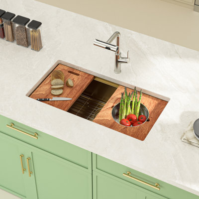 36'' L X 19'' W Undermount Gold Stainless Steel Workstation Kitchen Sink with Mixing Bowl, Cutting Board and Colander, Single Bowl Kitchen Sink with Sink Grid, Strainer and Roll-up Rack