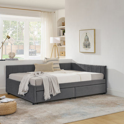 Upholstered Tufted Bed Frame with Two Drawers, Sofa Bed Frame with Comfortable Backrest and Armrests