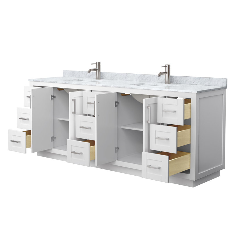 Ensemble de meuble-lavabo double autoportant 84 po avec plateau en marbre Miranda, Blanc, Nickel brossé