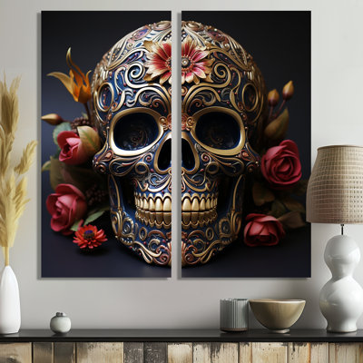 Crâne mexicain floral doré II - impressions modernes sur toile 2 pièces