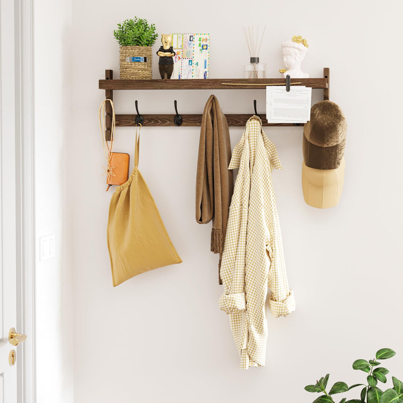 Porte-manteau mural avec tablette, 73,4 cm (28,9 pouces), tablette murale d'entrée avec 5 crochets doubles, brun