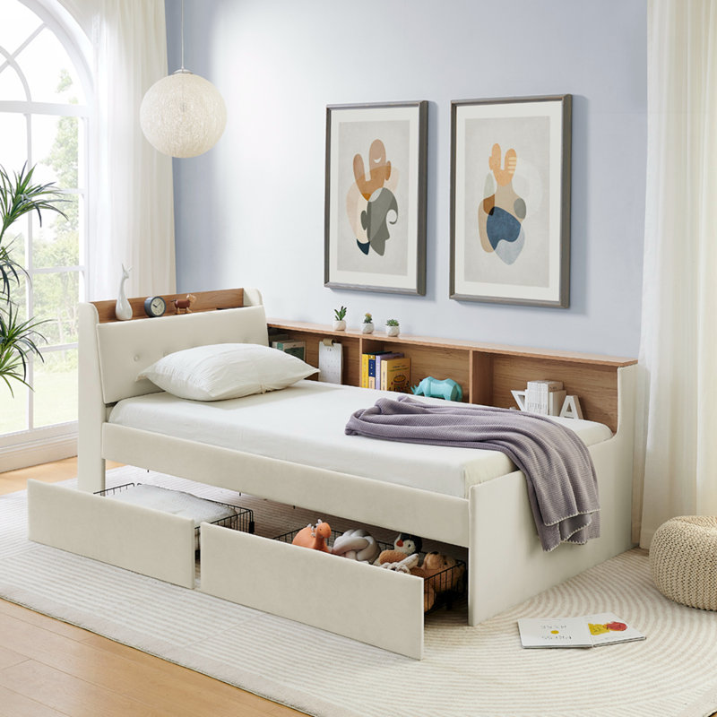 Twin Size Upholstery Velvet Height Adjustable Day Bed, Beige
