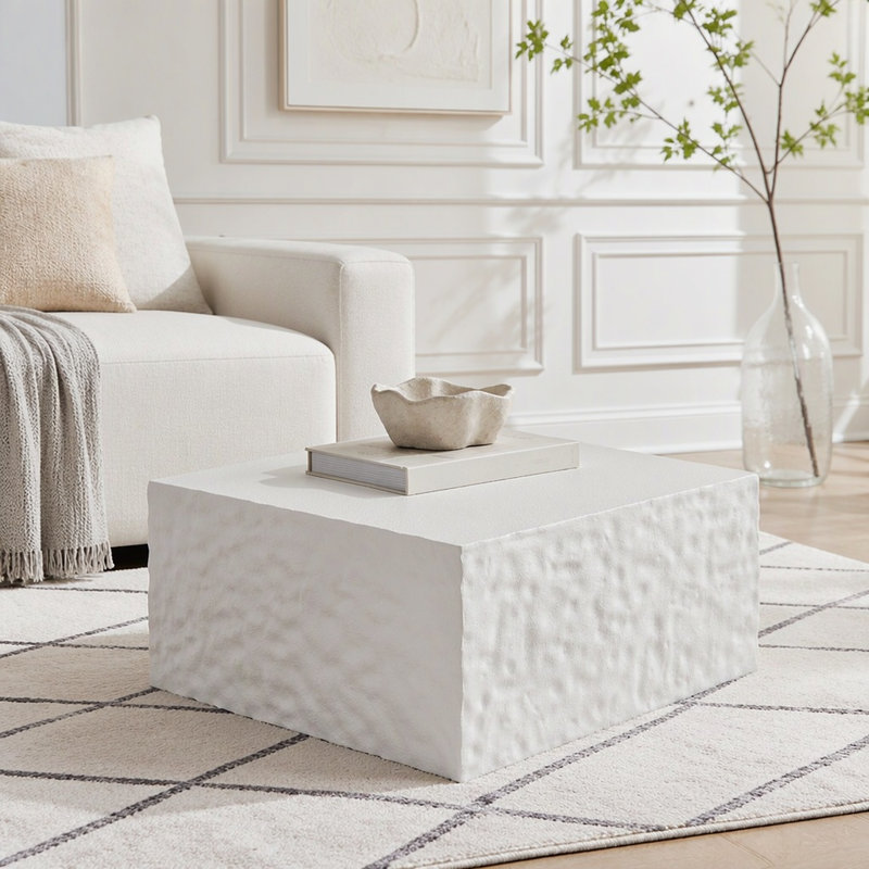 Table basse carrée avec combinaison de couleurs modernes, H 13,98 po x l 27,56 po x P 27,56 po, Blanc crémeux