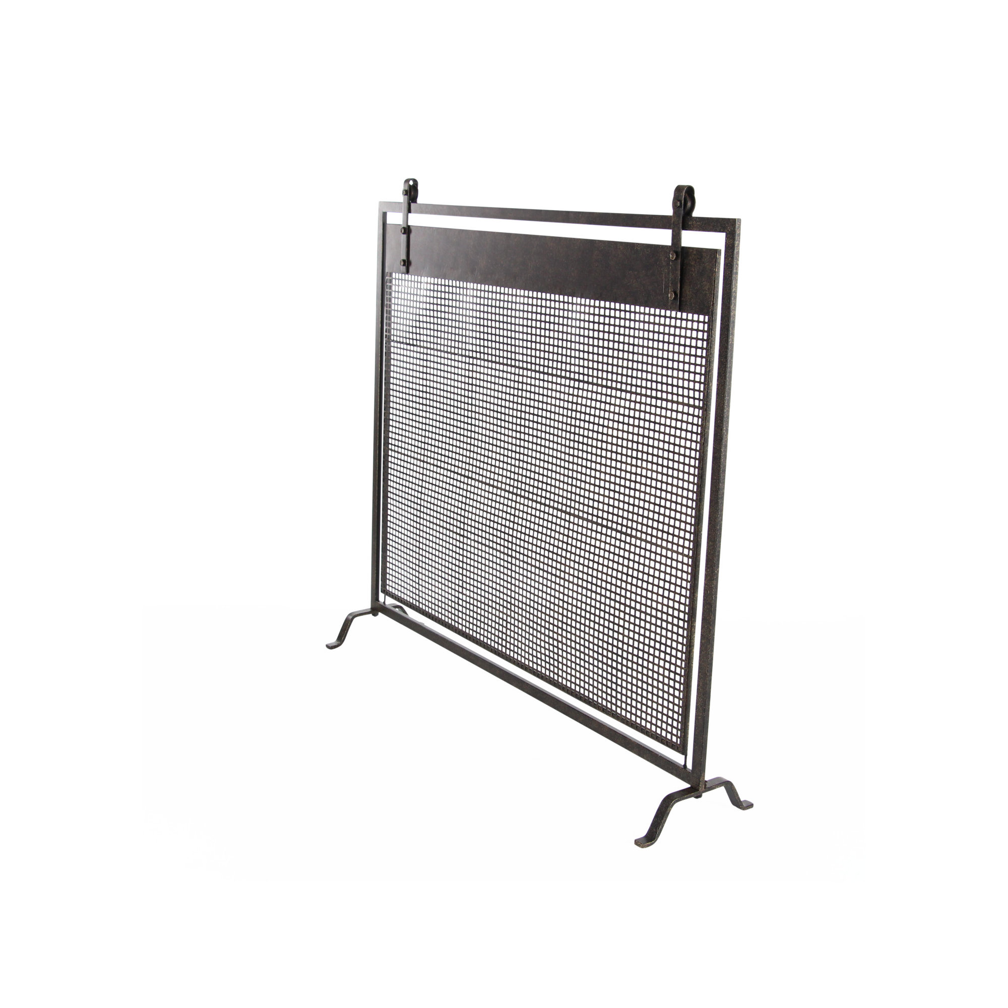 Metal Suspended Grid Single Panel Geometric Fireplace Screen with Bolted Detailing, Black