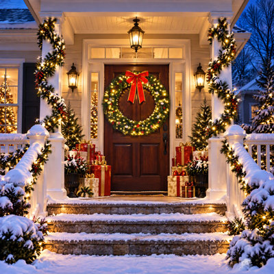 Guirlande de Noël pré-éclairée avec nœud, lumières DEL blanc chaud 150/220, pointes de branches 450/600 en PVC, guirlande intérieure et extérieure pour porte, manteau de cheminée et escalier (48/60 po