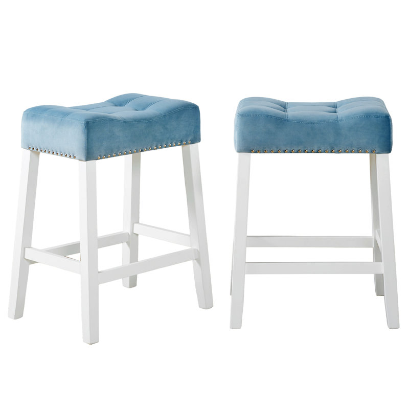 Set Of 2 Counter Height Stools With Tufted Saddle Seats, Blue