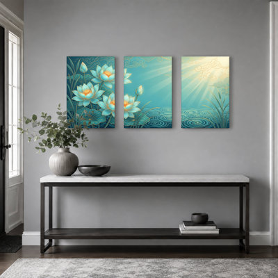 Fleurs de lotus bleu sarcelle avec contours dorés sur l'eau, ensemble de 3 toiles