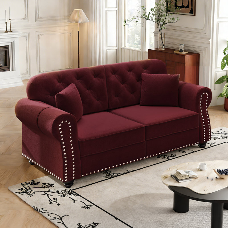 Canapé Mid-Century moderne en velours rembourré de 63 po avec garniture cloutée et causeuse Chesterfield moderne capitonnée avec 2 coussins et 2 repose-pieds