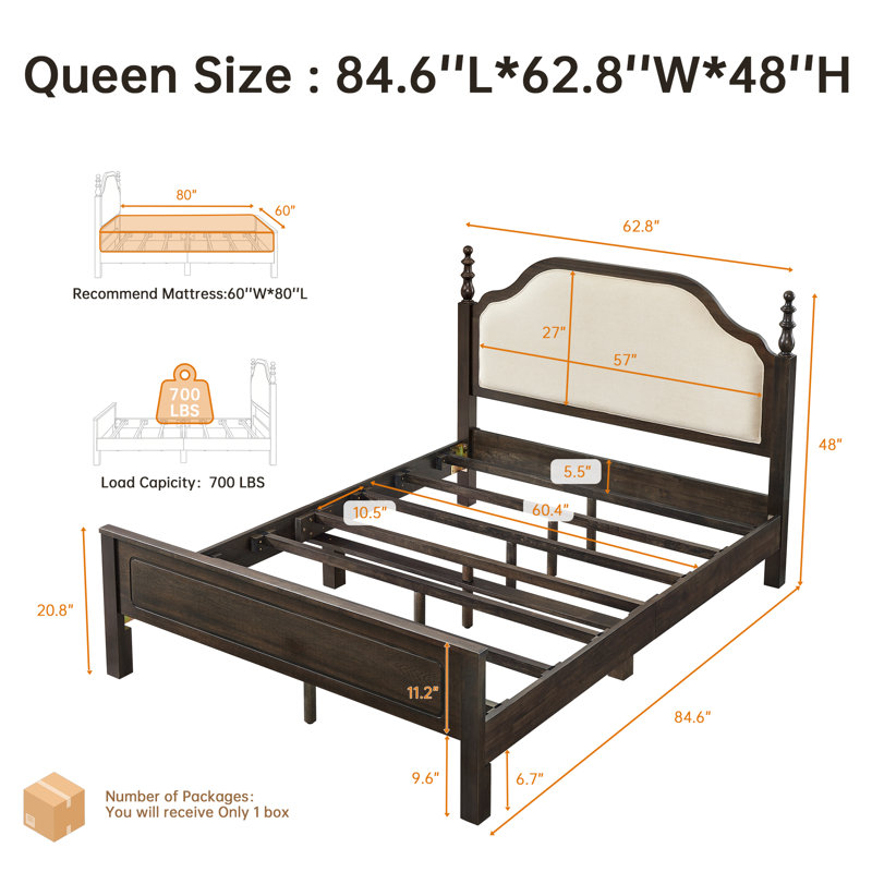 Abigale Solid Wood Platform Bed Frame with Upholstered Headboard, Queen Size, No Box Spring Needed, Chocolate