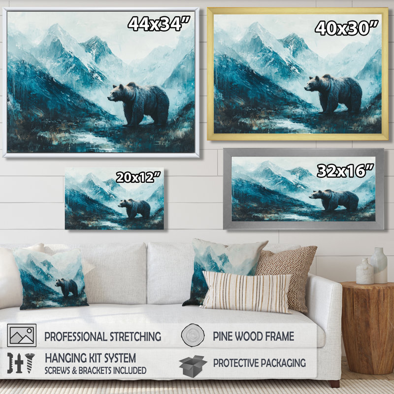 Ours dans la vallée de la montagne I - art mural ours, Cadre simple, H 16 po x l 32 po, Blanc