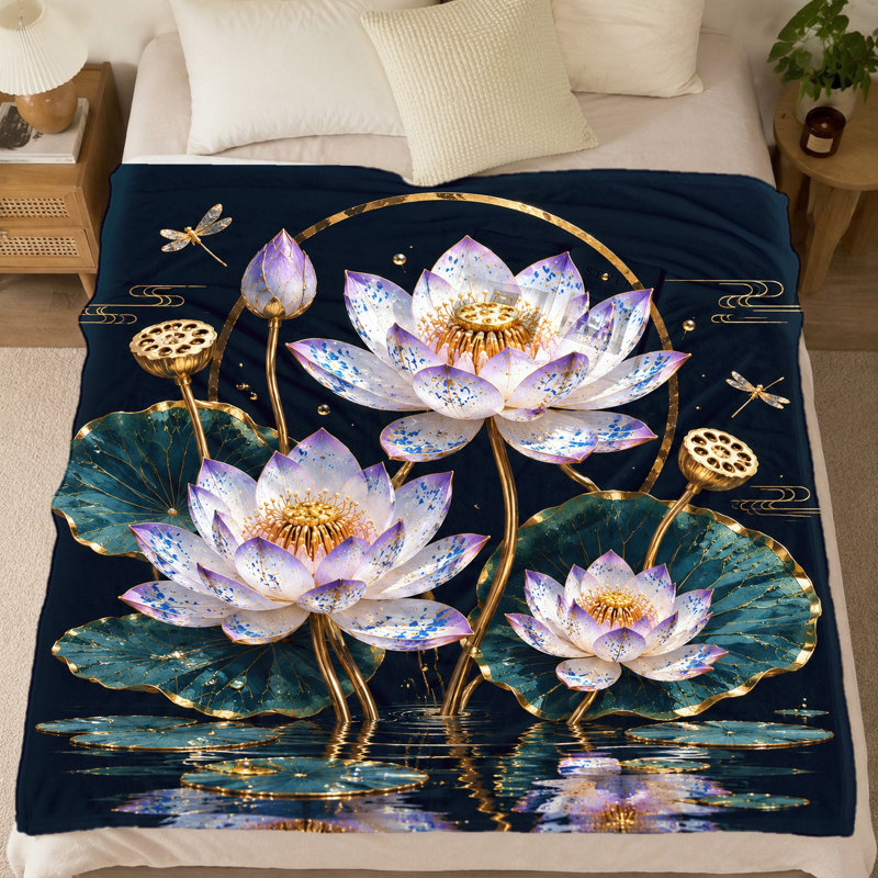 Couverture en flanelle à motif lotus (1 pièce) – Réversible ; couleurs éclatantes, design élégant. Lavable à la machine. Parfait pour la décoration du salon et la détente à la maison. Un beau cadeau. Convient également pour la literie et le canapé.