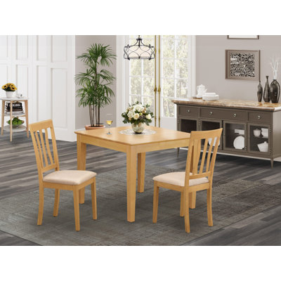 3 Piece Dining Table Set for Small Spaces Contains a Square Dining Room Table and 2 Linen Fabric Upholstered Chairs, Oak